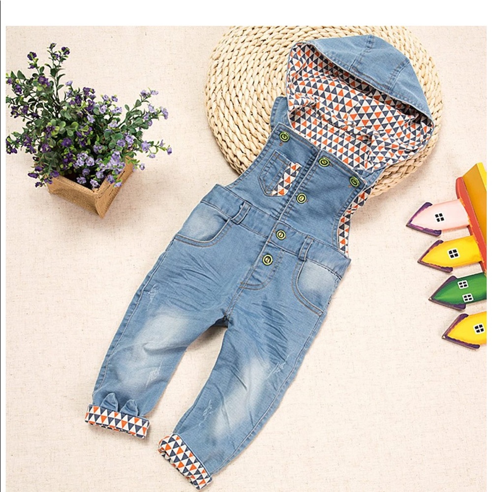 Denim light blue soft cute hooded overalls NWOT